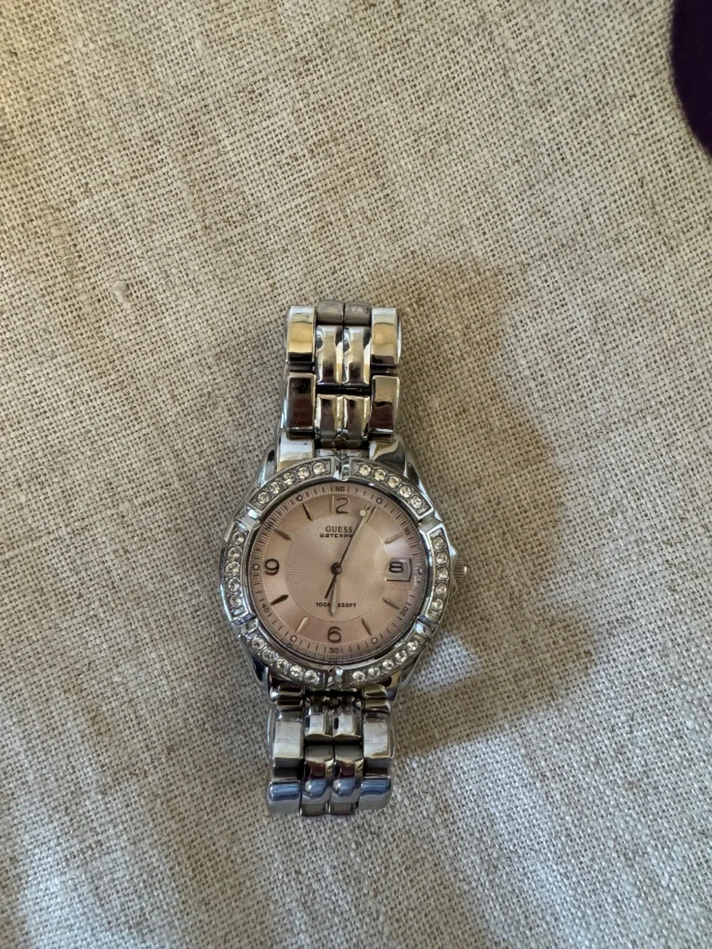Guess Waterpro Crystal Bezel Women's Silver Watch | Date Display | Pink Face